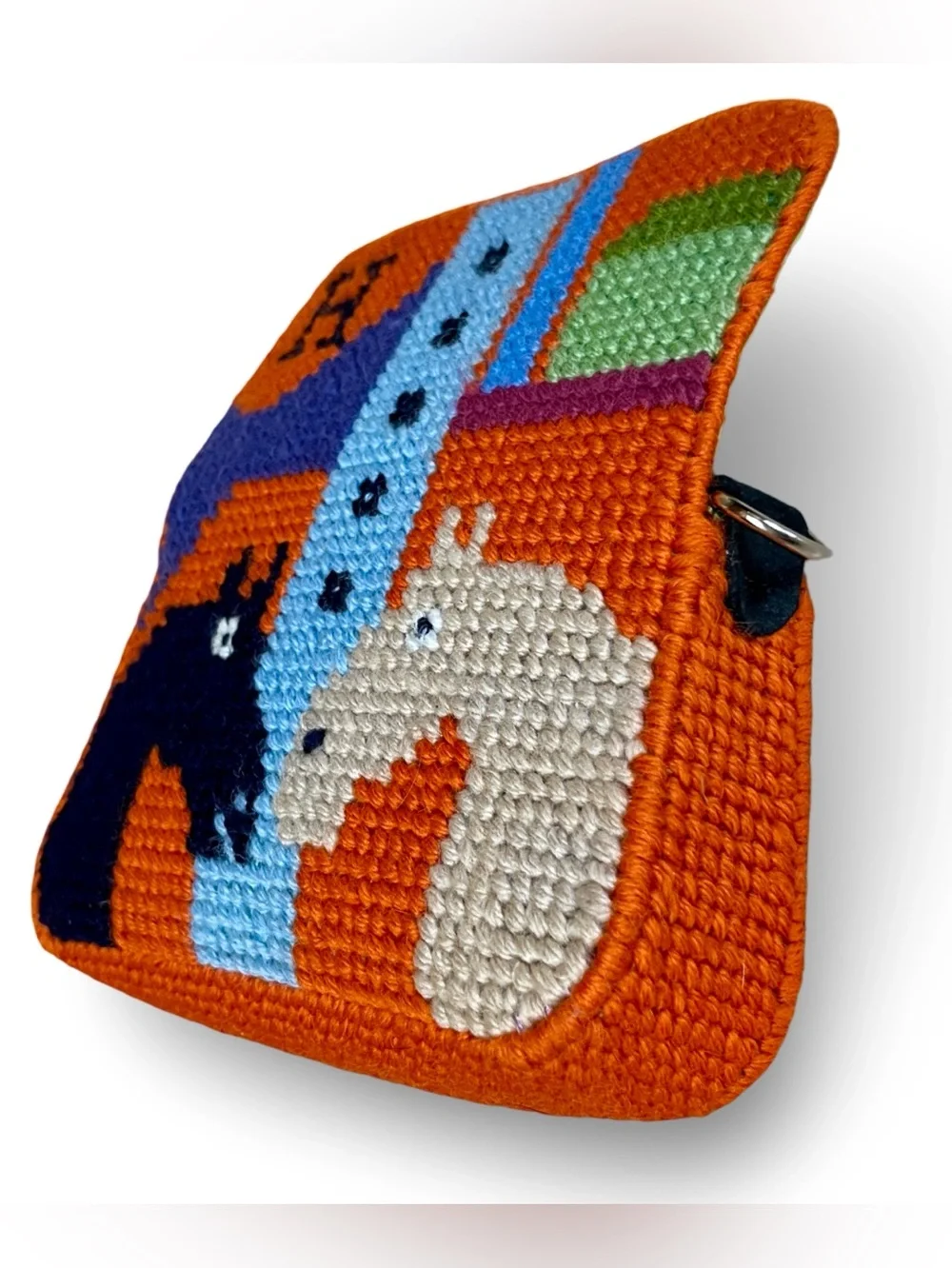 Needlepoint Mini Baguette Bag Equestrian Theme Clutch with Silver Chain Strap